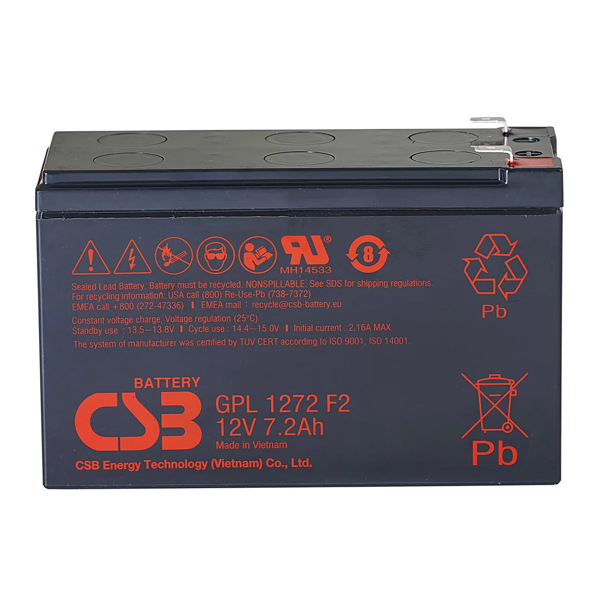 Батарея CSB серия GP, GPL1272 F2 FR, напряжение 12В, емкость 7.2Ач (разряд 20 часов), макс. ток разряда (5 сек.) 130А, ток короткого замыкания 265А, макс. ток заряда 2.16A, свинцово-кислотная типа AGM, клеммы F2, ДxШxВ 150.9x64.8x98.6мм., вес 2.6кг., срок