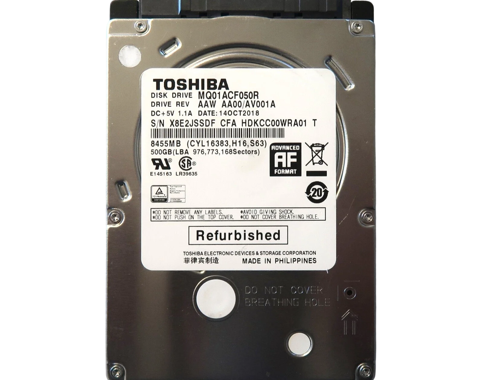 Жесткий диск/ HDD Toshiba SATA3 500Gb 2.5" 7200 16Mb OFFICIAL RECERTIFIED 1 year warranty (MQ01ACF050R)