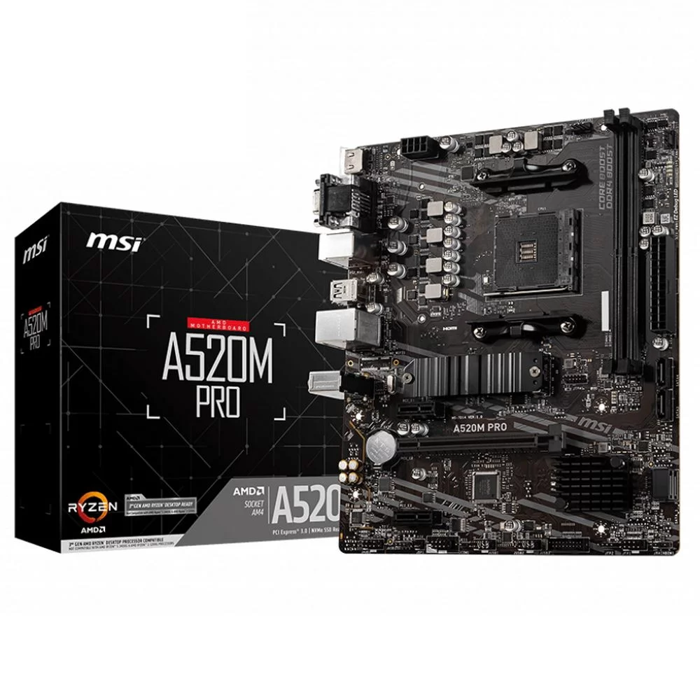 Материнская плата MSI Bad Pack A520M PRO A520, AM4, 2*DDR4, 1*PCIEx16, 2*PCIEx1, 1*M.2, 6*USB3.2Gen1, 6*USB2.0, 4*SATA3.0, 1G, VGA, DP, HDMI, M-ATX, RTL bp (A520M PRO||BP)