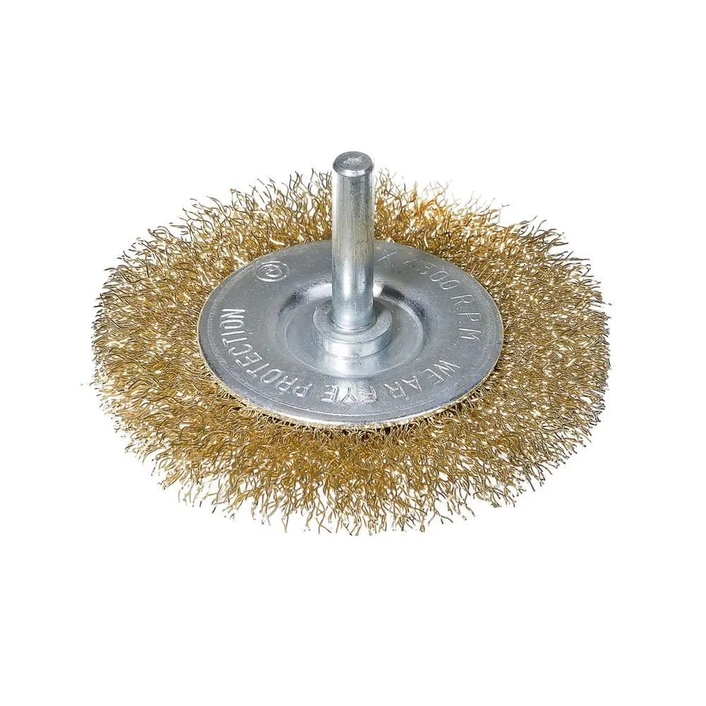 Оснастка Deli Щетка дисковая прямая для дрели DH-GSS100-E4 100мм, латунированная, толщина проволоки 0,3мм, хвостовик 6мм, макс. 4500 об/мин