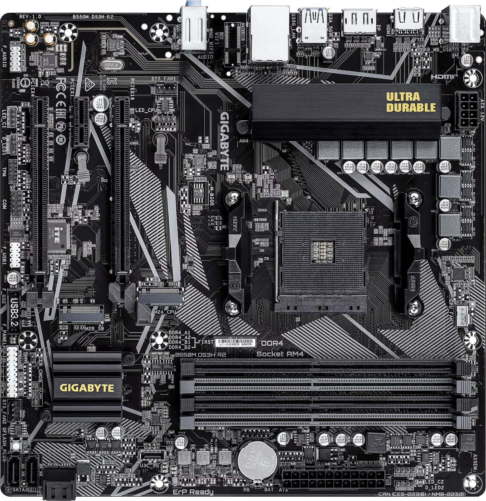 Материнская плата Gigabyte B550M DS3H R2 Soc-AM4 AMD B550 4xDDR4 mATX AC`97 8ch(7.1) GbLAN RAID+HDMI+DP