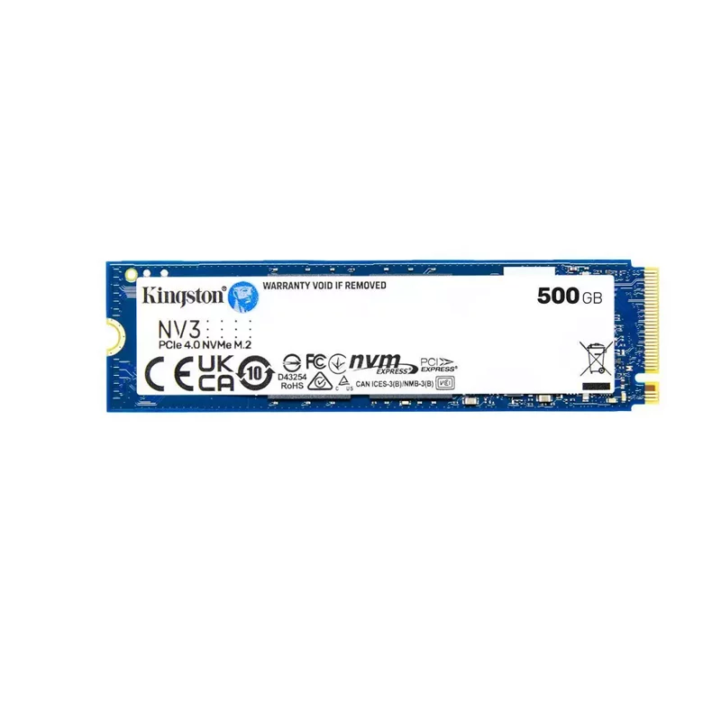 Твердотельный накопитель/ Kingston SSD NV3, 500GB, M.2(22x80mm), NVMe, PCIe 4.0 x4, 3D TLC, R/W 5000/3000MB/s, TBW 160, DWPD 0.3 (12 мес) (SNV3S/500G)