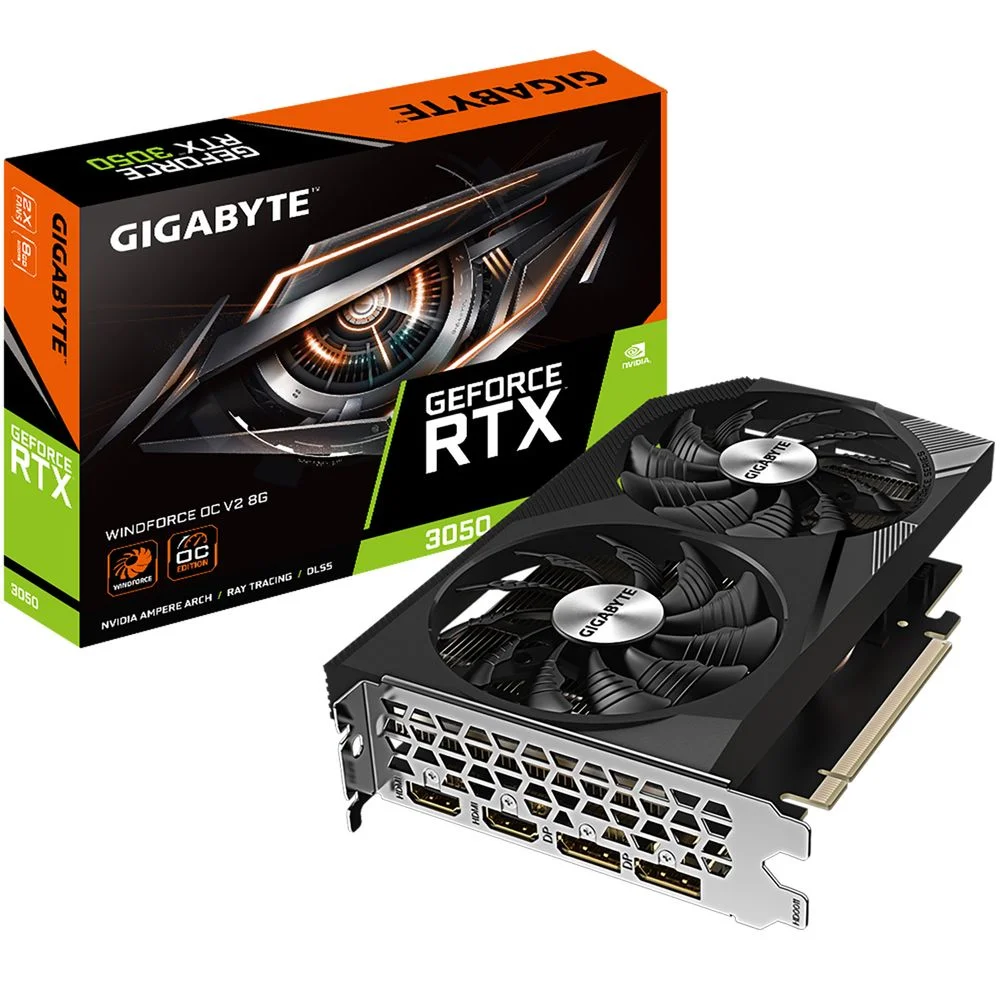 Видеокарта Gigabyte Badpack RTX3050 WINDFORCE OC V2 8GB GDDR6 128bit 2xDP 2xHDMI 2FAN RTL bp (GV-N3050WF2OCV2-8GD||BP)