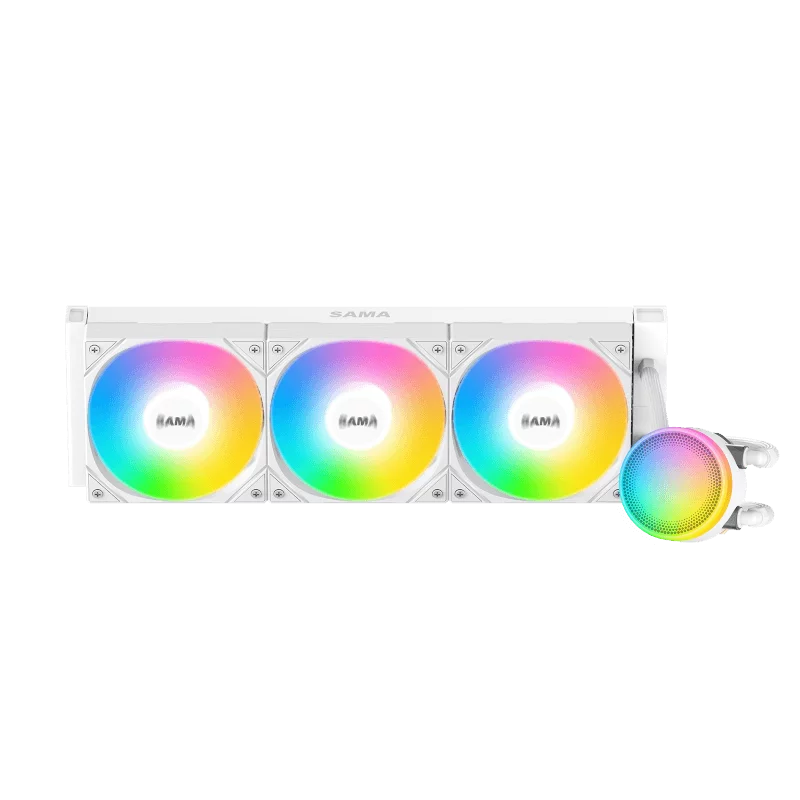 Водяное охлаждение для процессора/ Water Cooling System SAMA L60 White (360mm, White, ARGB/ Fans: 3x120mm, 82.79CFM, 29dBA, 2000RPM/ Pump height 52mm, 29dBA, 2500RPM, Rad thickness 27mm/ S: 1851, 1700, 120 (L60-WHWAYXO3-G)