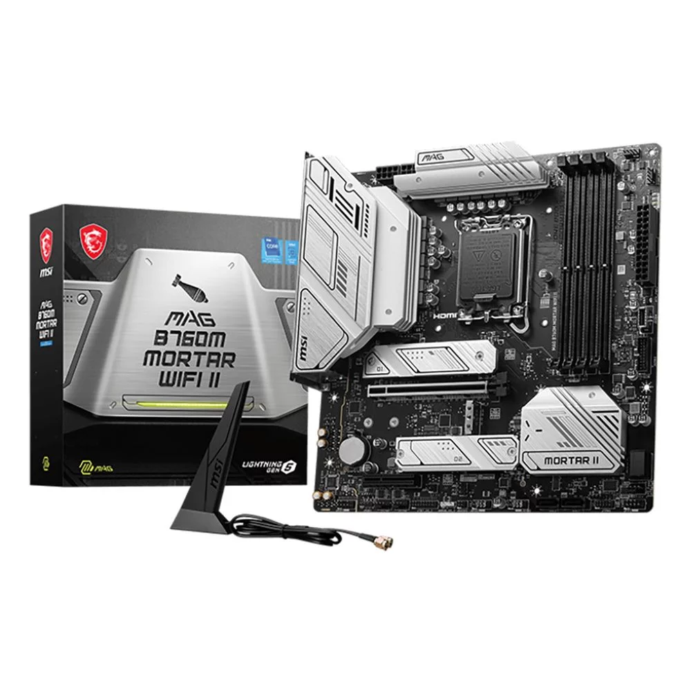 Материнская плата MSI MAG B760M MORTAR WIFI II mATX LGA1700 4DDR5 PCI-Ex16 PCI-Ex4 3M.2 4SATA3 USB3.2 Gen2x2 Wi-Fi 6E 2,5G Ethernet (MAG B760M MORTAR WIFI II||BP)