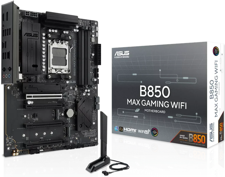 Материнская плата ASUS B850 MAX GAMING WIFI, AM5, B850, 4*DDR5, 4*SATA, 3*M.2, 5*USB 3.2, 2*USB 2.0, Type-C, 5*PCIx16, DP+HDMI, ATX; 90MB1PR0-M0EAY0
