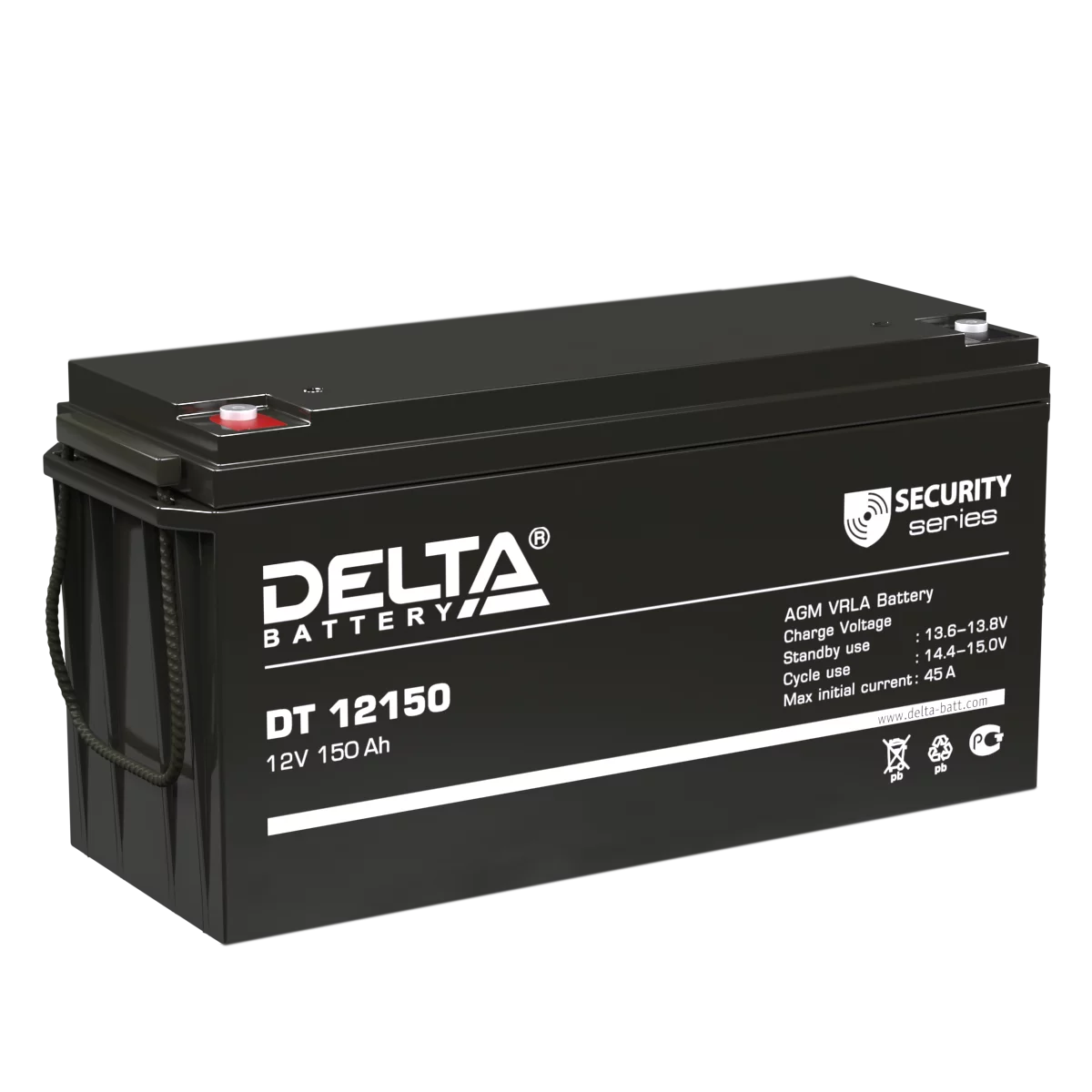 Батарея DELTA серия DT, DT 12150, напряжение 12В, емкость 150Ач (разряд 20 часов), макс. ток разряда (5 сек.) 1500А, макс. ток заряда 45А, свинцово-кислотная типа AGM, клеммы под болт М8, ДxШxВ 486х171х243мм., вес 40кг., срок службы 10 лет./ Battery DELT
