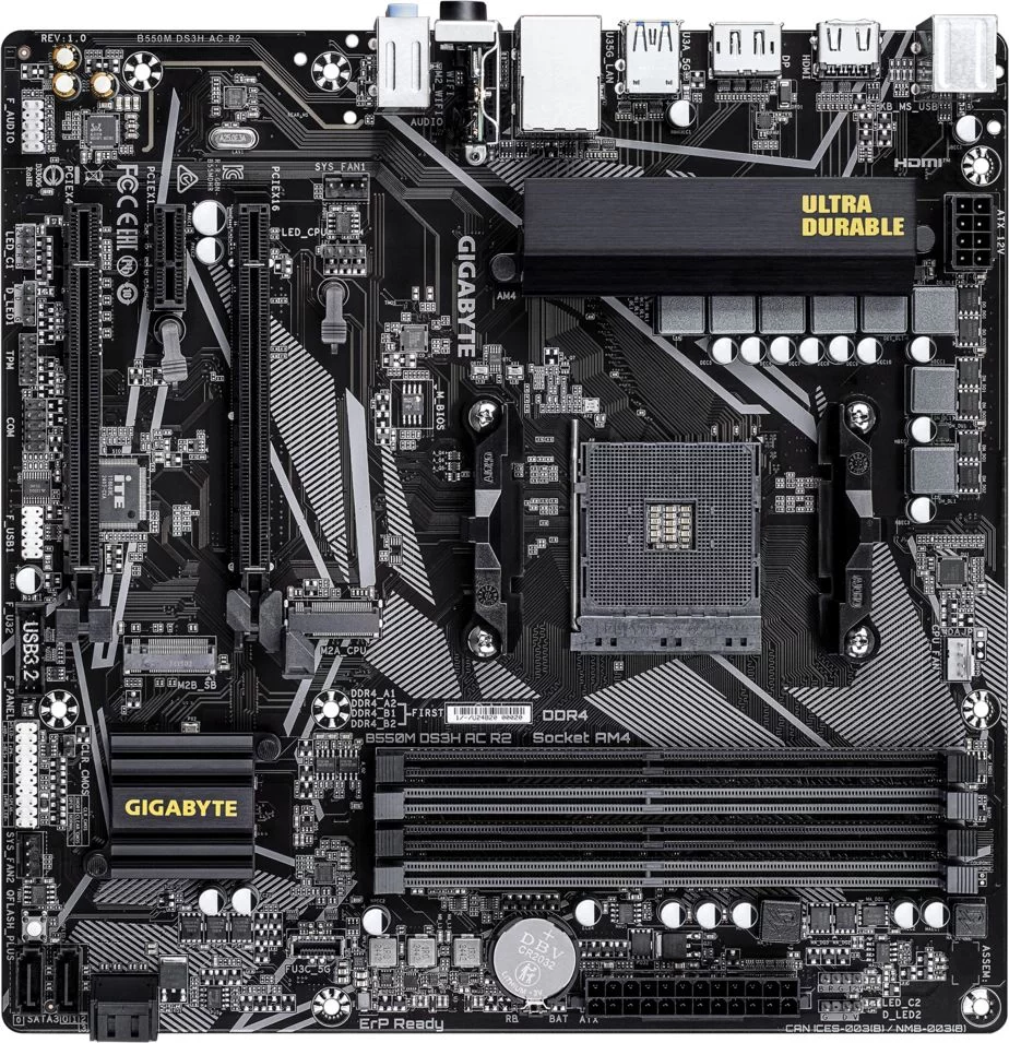 Материнская плата Gigabyte B550M DS3H AC R2 Soc-AM4 AMD B550 4xDDR4 mATX AC`97 8ch(7.1) GbLAN RAID+HDMI+DP