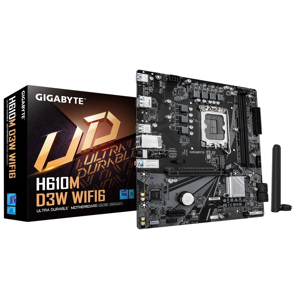 Материнская плата Gigabyte H610M D3W WIFI6 H610, LGA1700, 2*DDR5, 1*PCIEx16, 1*PCIEx1, 1*M.2, 1*TypeC, 3*USB3.2Gen1, 6*USB2.0, 4*SATA3.0, 1G, DP, HDMI, M-ATX, RTL