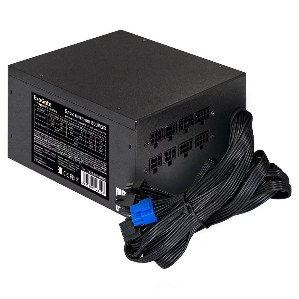 Блок питания 800W ExeGate Gaming Standard 800PGS (ATX, APFC, КПД 80% (80 PLUS), 14cm fan, 24pin, 2x(4+4)pin, 6xPCI-E, 8xSATA, 4xIDE, Cable Management, black, RTL) (EX285974RUS)