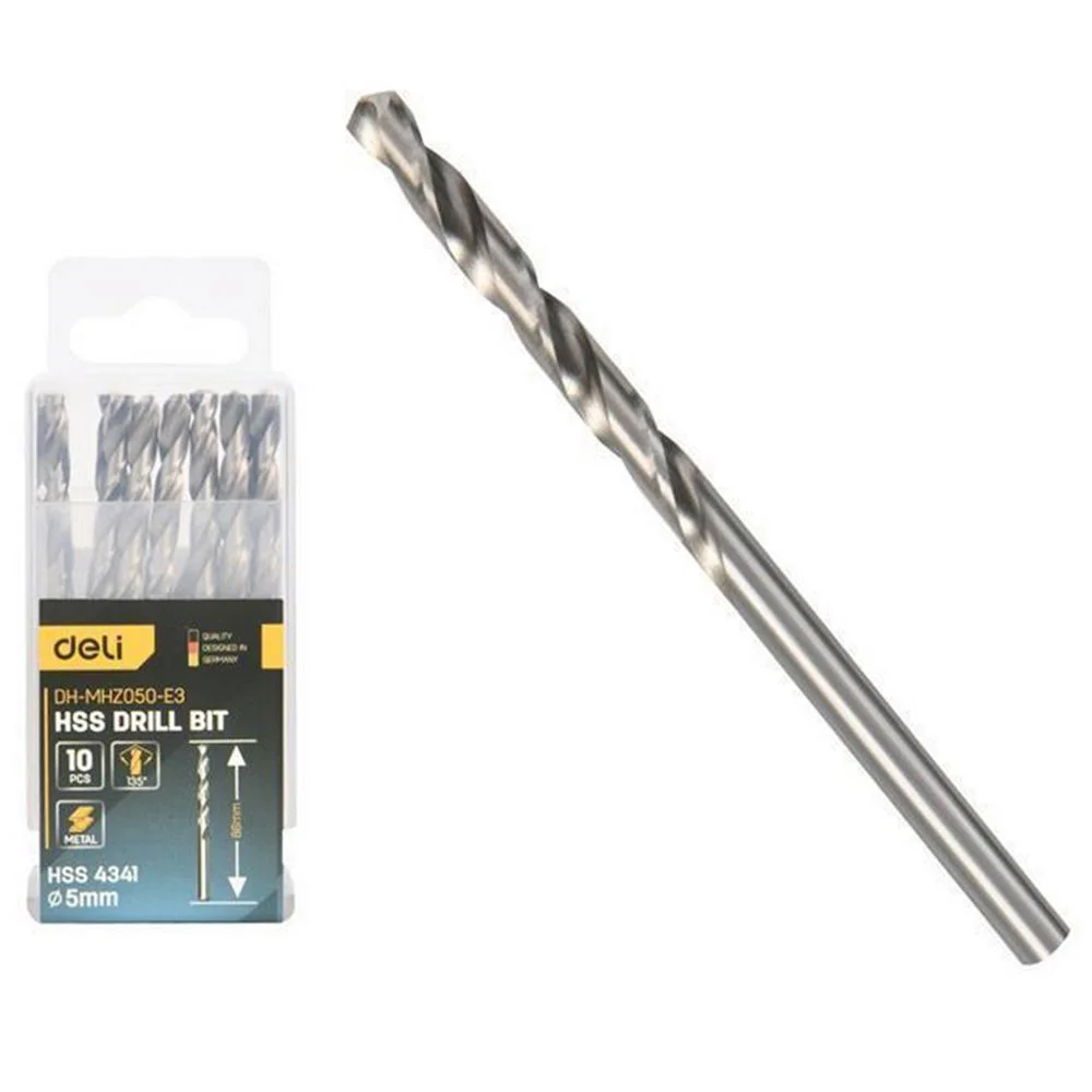 Набор сверл по металлу (5мм, 10 шт) Deli DH-MHZ050-E3 сталь HSS 4341, угол заточки 135 град, пласт. кейс