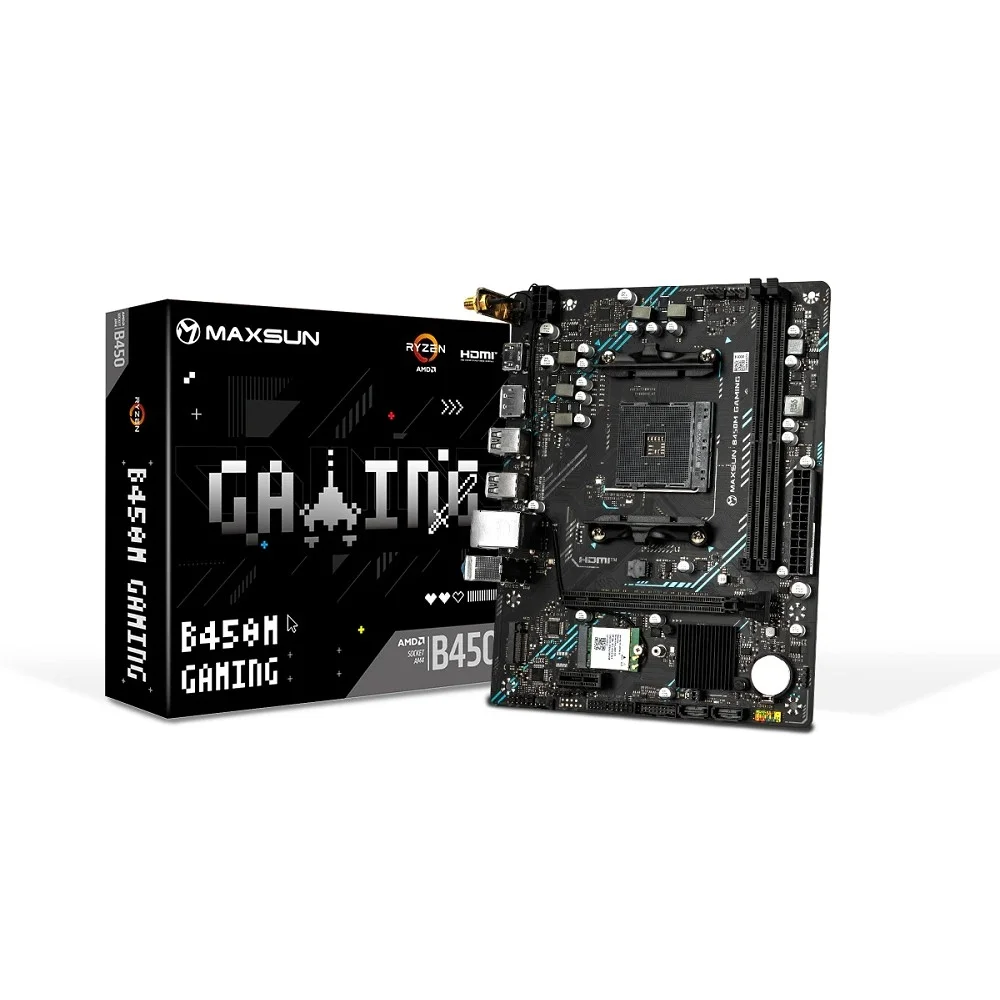 MAXSUN MS-B450M GAMING WIFI (Socket AM4, mATX, 2*DDR4 (64Gb), DP/HDMI, 2*SATA3, 1*M.2, 1*PCIEx16/1*PCIEx1, 2*USB2.0, 4*USB 3.2 Gen1, LAN 1*1G, Wi-Fi 802.11ac, RTL)