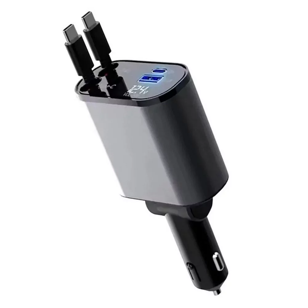 Автомобильная зарядка в прикуриватель SmartiNext 4в1, 2 кабеля Type-C, черный АPC-XH-X11 Встроенные кабели с автоскруткой: Type-C: 2 шт., длина кабелей: 80 см, Дисплей: Да, Порты 2 USB : Type-C, Type-A, Корпус: Алюминиевый, Быстрая зарядка: Да, PD: 20 Вт