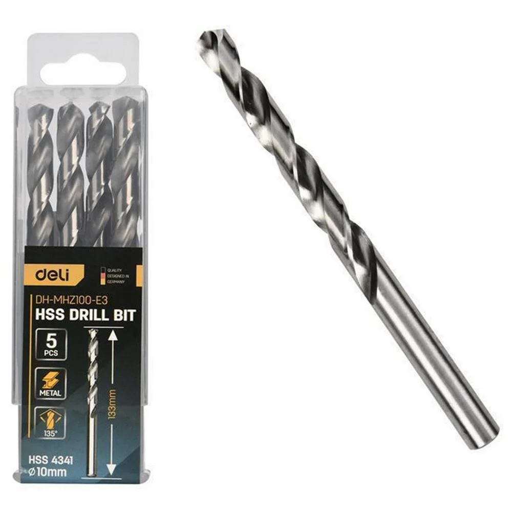 Набор сверл по металлу (10мм, 5 шт) Deli DH-MHZ100-E3 сталь HSS 4341, угол заточки 135 град, пласт. кейс