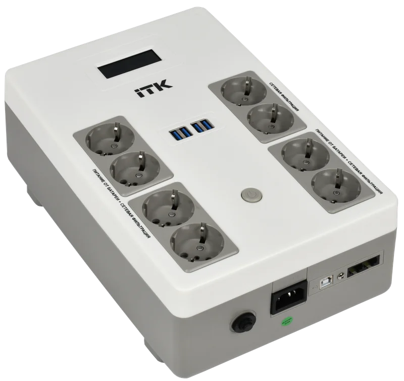 ITK ELECTRA ST8 ИБП Линейно-интерактивный 600ВА/ 360Вт LCD АКБ 1х9AH 8хSchuko USB 4хUSB зарядки (EST8-600VA-1-001)