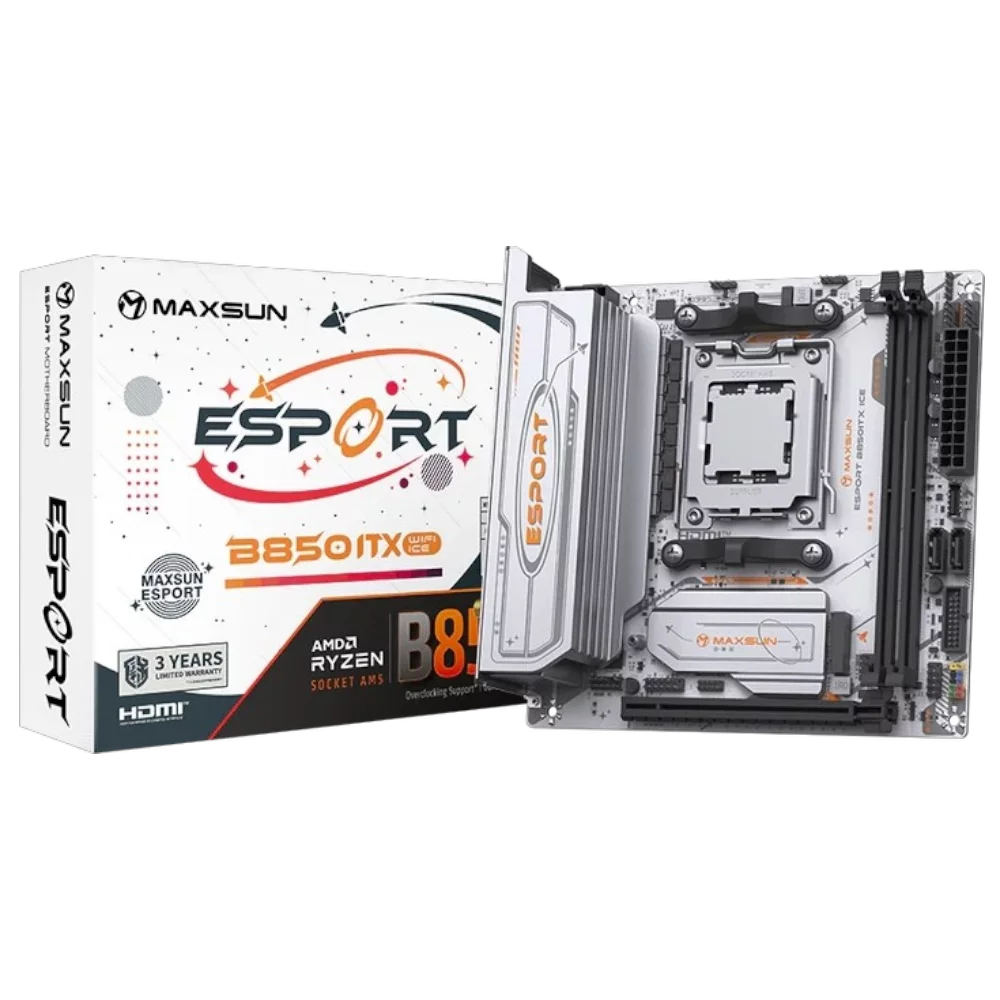 Материнская плата Maxsun MS-eSport B850ITX WIFI ICE B850, AM5, 2*DDR5, 1*PCIEx16, 1*PCIEx1, 2*M.2, 6*USB3.2Gen1, 4*USB2.0, 2*SATA3.0, 2.5G, DP, HDMI, Mini-ITX, RTL (6940709661765)
