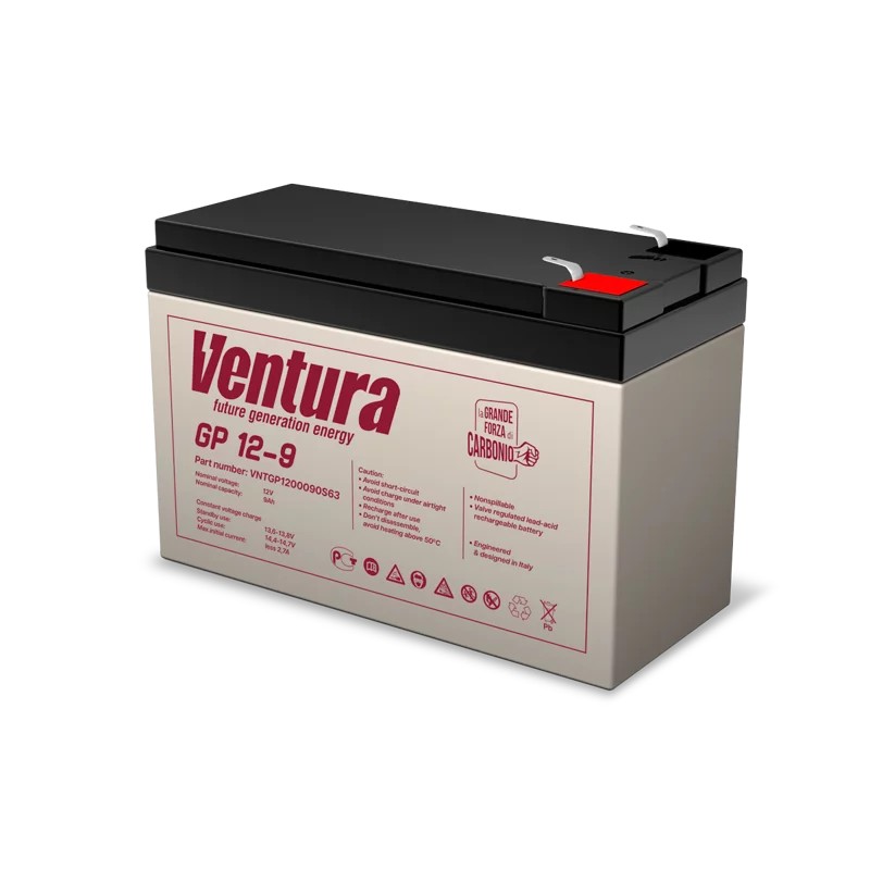 Батарея Ventura серия GP, GP12-9, напряжение 12B, емкость 9Ач (разряд 20 часов), макс. ток заряда 2.25А, свинцово-кислотная типа AGM, клеммы T2, ДШВ 151х65х100мм, вес 2.5кг/ Ventura battery GP series, GP12-9, voltage 12V, capacity 9Ah (discharge 20 h