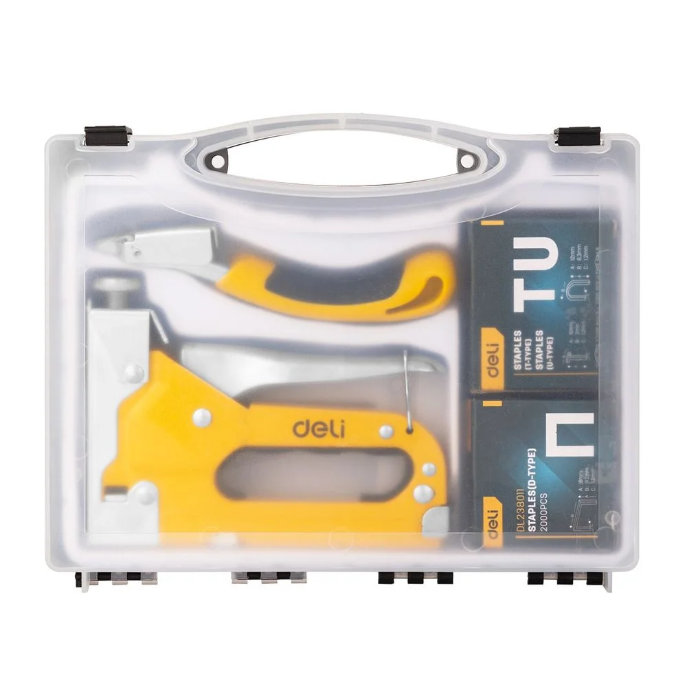 Мебельный степлер Deli DL238105 с набором скоб + антистеплер Набор: 2000шт D-тип. 2000шт Т-тип. 2000шт U-тип, 1шт скобоудалитель. (DL238105||BP)