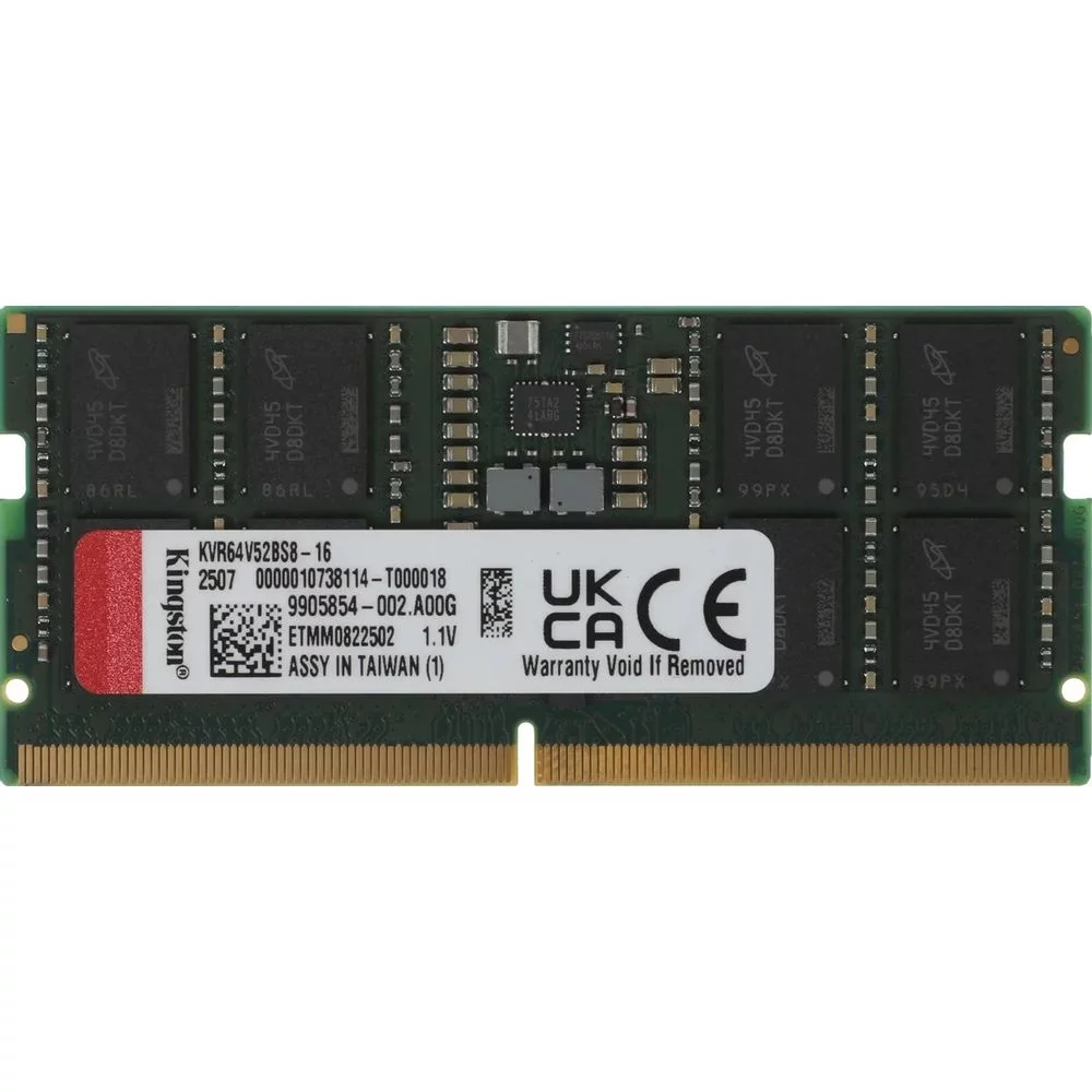 Модуль памяти OEM 16GB Kingston DDR5 6400 SO DIMM Non-ECC, CL52, 1.1V, 1RX8, RTL (KVR64V52BS8-16||OEM)