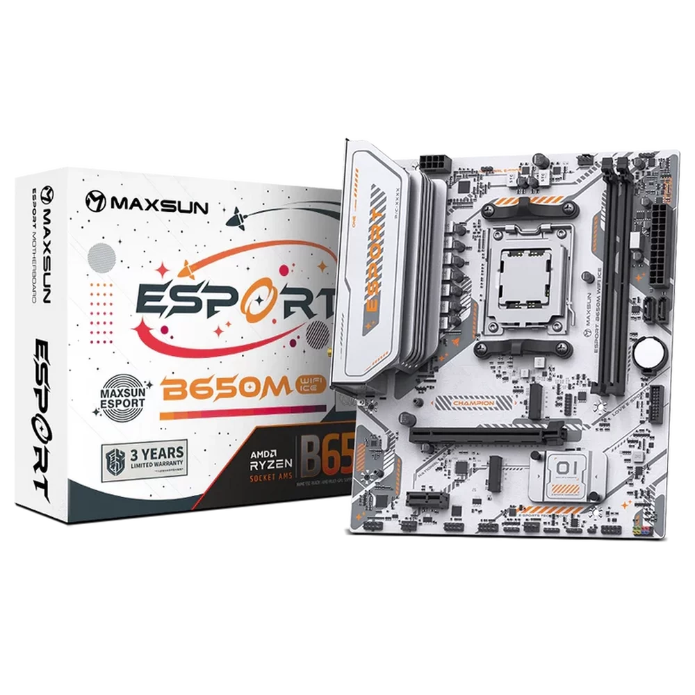 Материнская плата Maxsun MS-eSport B650M WIFI6 ICE B650, AM5, 2*DDR5, 1*PCIEx16, 1*PCIEx1, 2*M.2, 6*USB3.2Gen1, 4*USB2.0, 2*SATA3.0, 1G, DP, HDMI, M-ATX, RTL (6940709661055)
