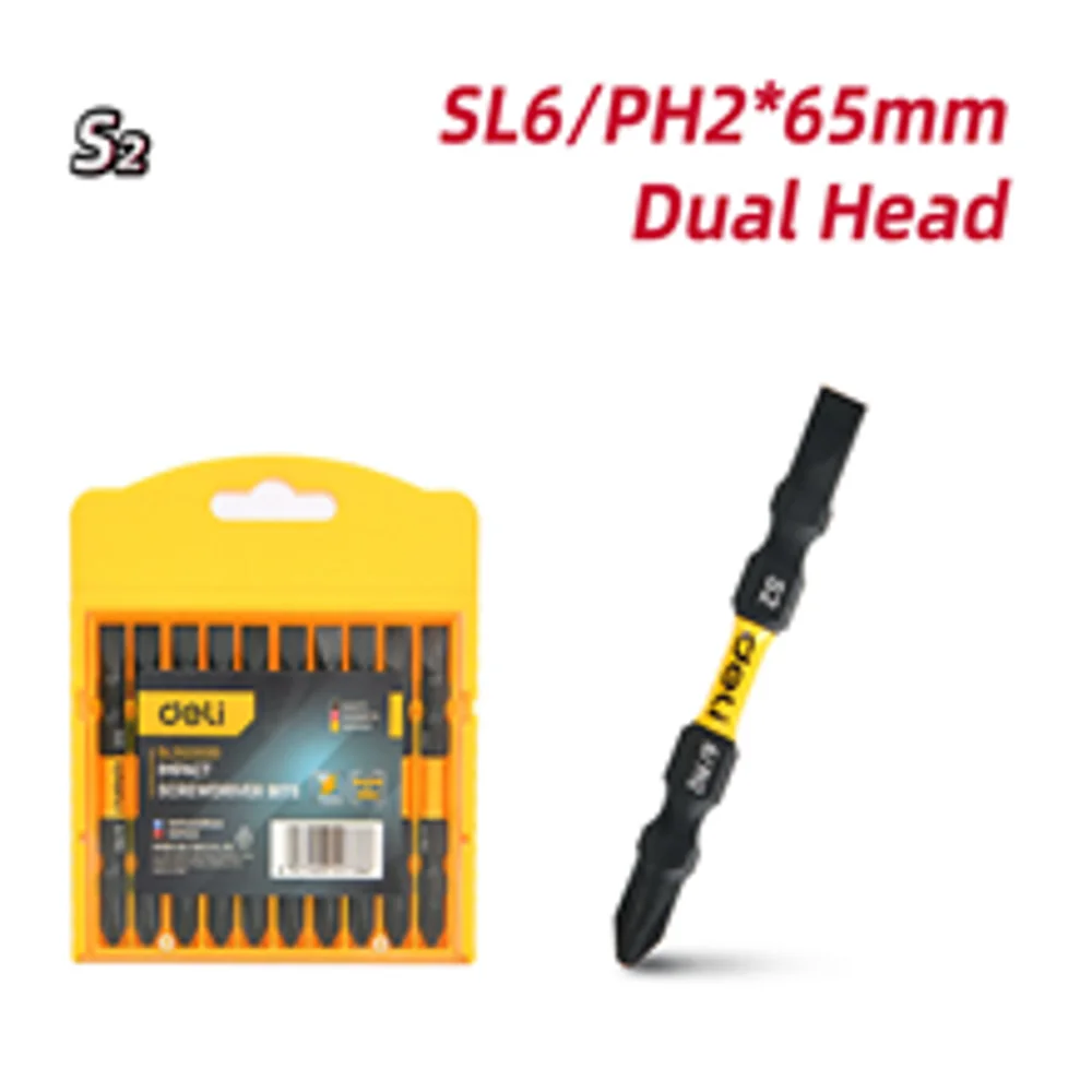 Набор двухсторонних торсионных бит для ударных шуруповертов 10шт Deli DL252202D SL6/PH2*65мм, сталь S2, пласт.кейс