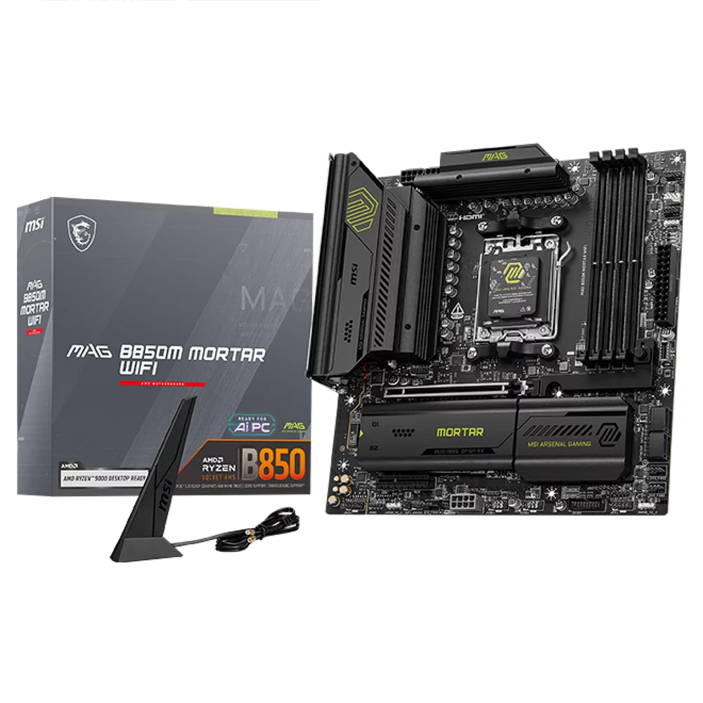 Материнская плата MSI MAG B850M MORTAR WIFI B850, AM5, 4*DDR5, 1*PCIEx16, 1*PCIEx4, 3*M.2, 3*TypeC, 3*USB3.2Gen2, 6*USB3.2Gen1, 4*USB2.0, 4*SATA3.0, 5G, HDMI, M-ATX, RTL