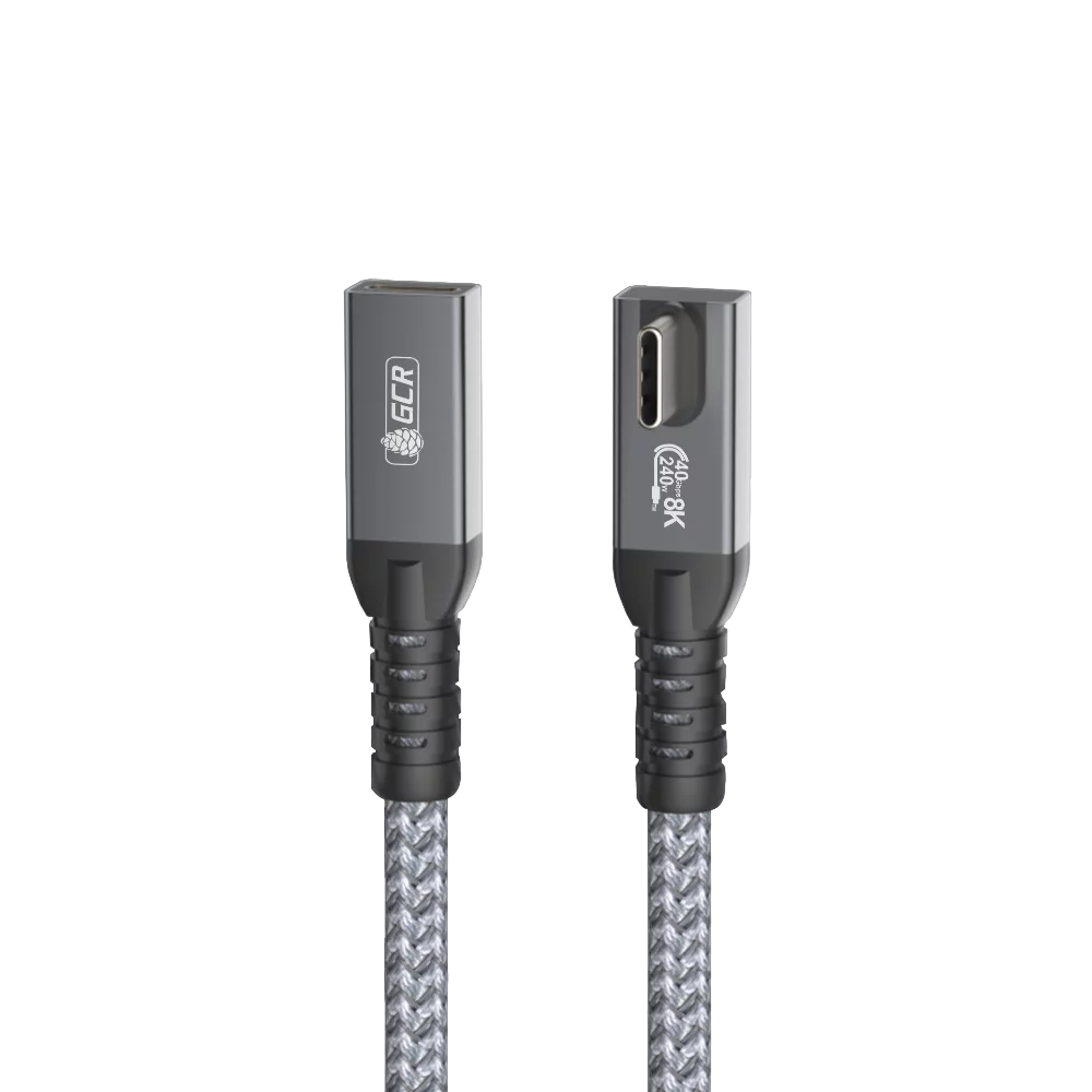 GCR PRO Удлинитель USB4 Type-C, 0.2m, угловой, 40Gbps, 240W, 8K60Hz, M/F, штекер Г-образный боковой (по центру корпуса), текстиль, серый, GCR-57139