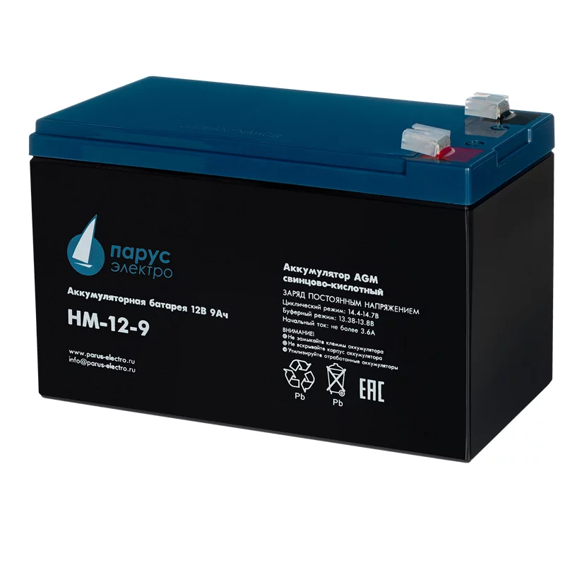 Battery Parus Electro, standard series HM-12-9, voltage 12V, capacity 9Ah (discharge 20 hours), max. discharge current (5sec) 135A, max. charge current 3.6A, lead-acid type AGM, terminals F2, LxWxH 151x65x94mm., total height with terminals 100mm., weight