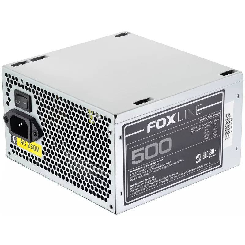 Блок питания 500Вт/ Power Supply Foxline, 500W, ATX, APFC, 120FAN, CPU 8(4+4)pin, MB 24pin, PCI-E 6+2pin, 1*PATA, 3*SATA, 80+ (FL500S-80)