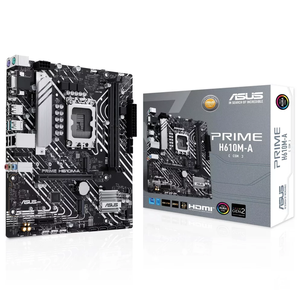 Материнская плата ASUS PRIME H610M-A-CSM, LGA1700, H610, 2*DDR5, 4*SATA, 2*M.2, 2*USB 3.2, 4*USB 2.0, 1*PCIx16, 1*PCIx1, HDMI+DP+D-Sub, mATX (90MB1G20-M0EAYC)