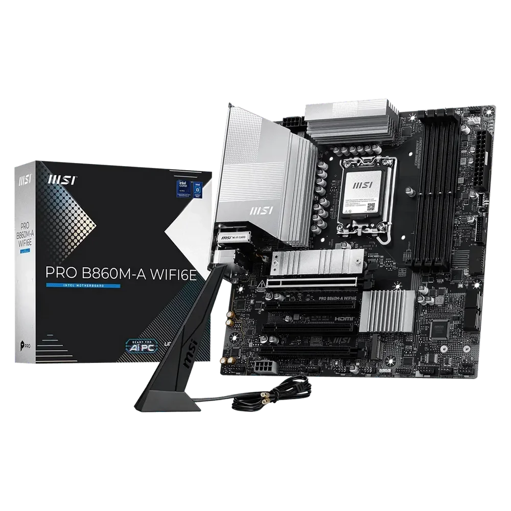 Материнская плата MSI PRO B860M-A WIFI6E B860, LGA1851, 4*DDR5, 4*PCIEx16, 3*M.2, 2*TypeC, 1*USB3.2Gen2, 6*USB3.2Gen1, 6*USB2.0, 4*SATA3.0, 5G, Type-C(DP), DP, HDMI, M-ATX, RTL