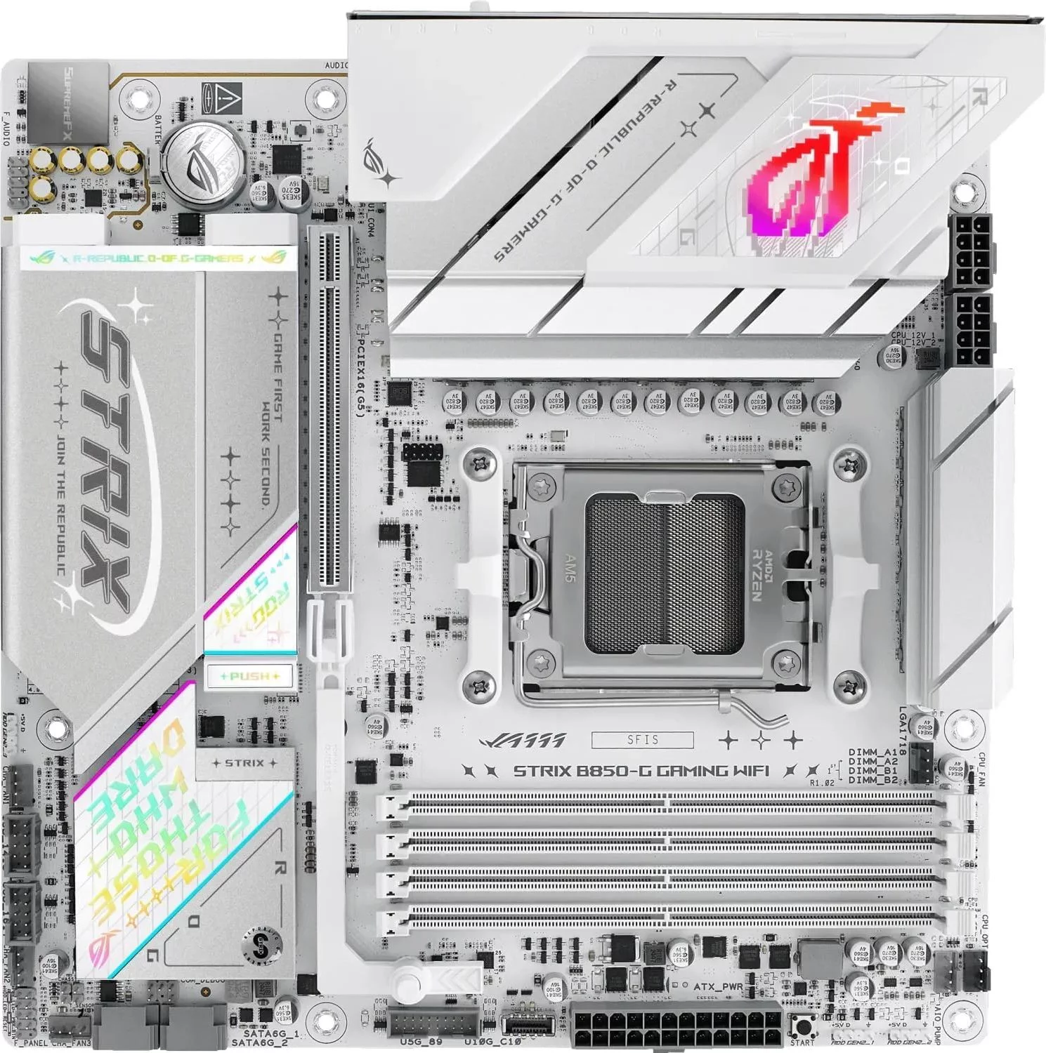 Материнская плата ASUS ROG STRIX B850-G GAMING WIFI, AM5, B850, 4*DDR5, 2*SATA, 4*M.2, 6*USB 3.2, 2*USB 2.0, Type-C, 2*PCIx16, DP+HDMI, ATX; 90MB1M30-M0EAY0
