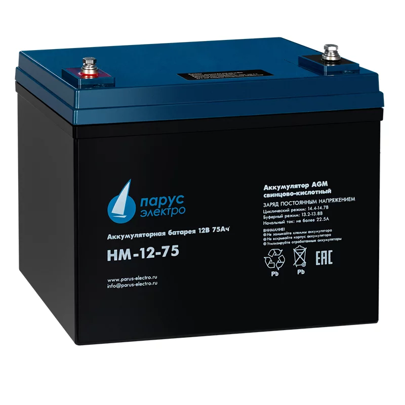 Battery Parus Electro, standard series HM-12-90, voltage 12V, capacity 90Ah (discharge 10 hours), max. discharge current (5sec) 900A, max. charge current 27A, lead-acid type AGM, bolt terminals M8, LxWxH 305x168x210mm., total height with terminals 215mm.,