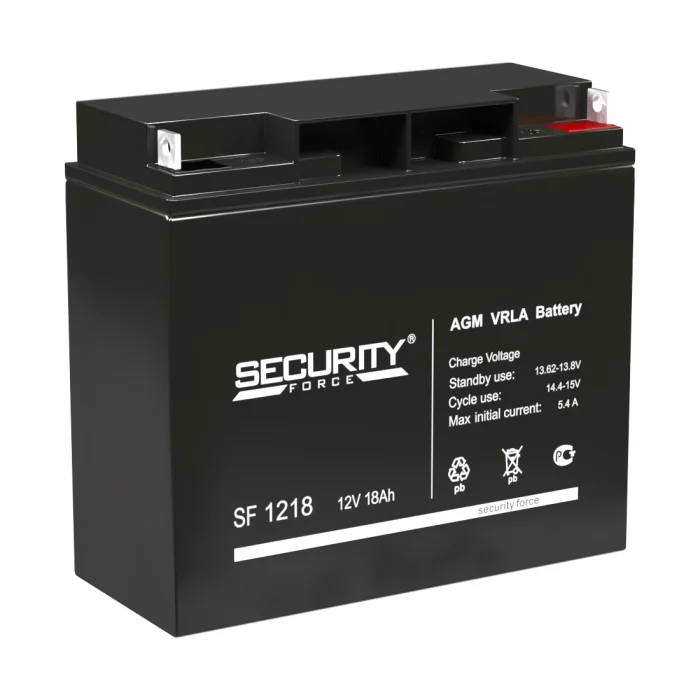 Батарея SECURITY FORCE серия SF, SF 1218, напряжение 12В, емкость 18Ач (разряд 20 часов), макс. ток разряда (5 сек.) 30А, макс. ток заряда 5.4А, свинцово-кислотная типа AGM, клеммы под гайку и болт M6, ДxШxВ 181х77х167мм., вес кг., срок службы 3-5 лет./