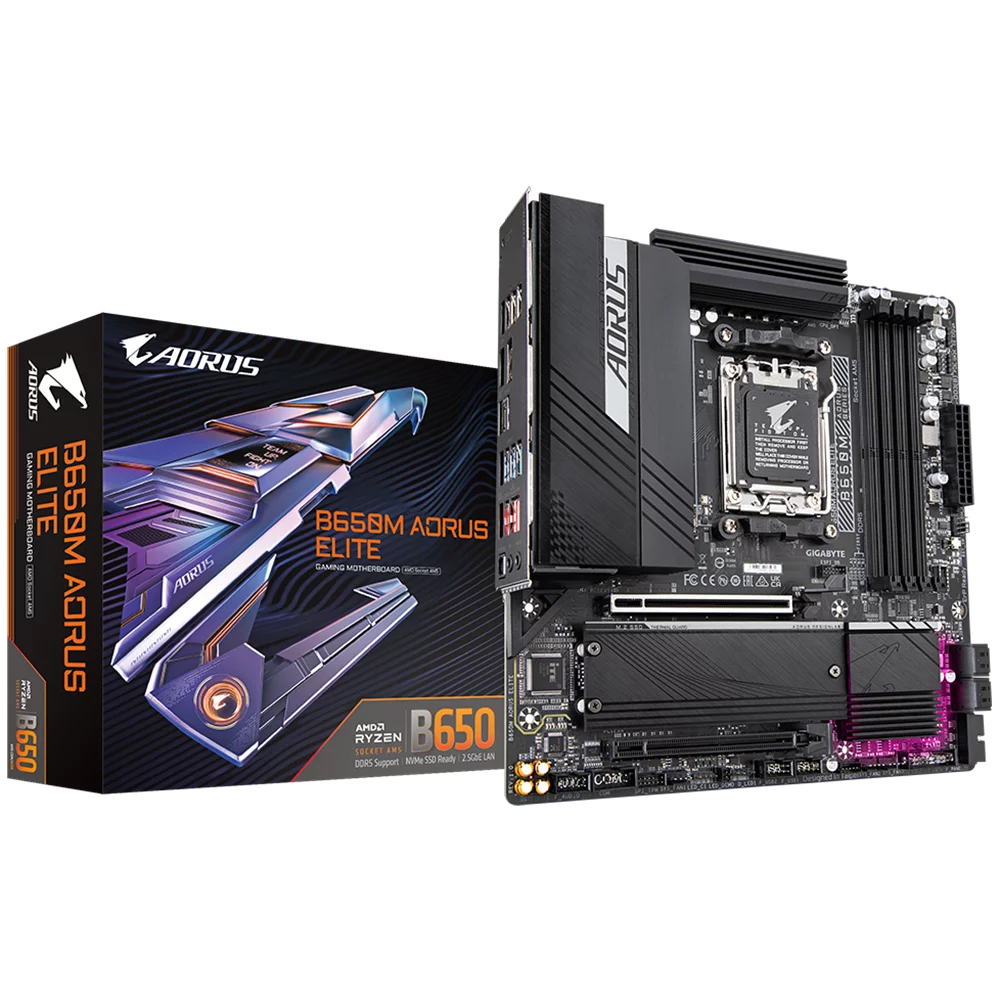 Материнская плата Gigabyte OEM B650M AORUS ELITE, Socket AM5, AMD B650, 4xDDR5-5200, HDMI+DP, 2xPCI-Ex16, 4xSATA3(RAID 0/ 1/ 10), 2xM.2, 8 Ch Audio, 2.5GLan, (4+4)xUSB2.0, (7+2)xUSB3.2, (1+1)xUSB3.2 Type-C™, mATX, RTL (B650M AORUS ELITE||OEM)