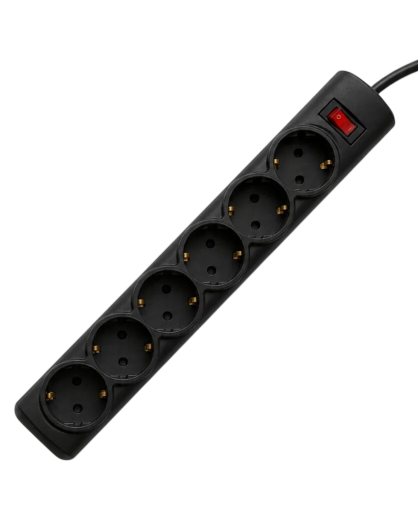 Сетевой фильтр PROGIX PG635, 6 розеток, черный, кабель 2 метра, заземление, выключатель, мощность нагрузки 2200Вт, размер 320 х 50 х 40мм, сечение кабеля 3 х 0.75кв.мм.