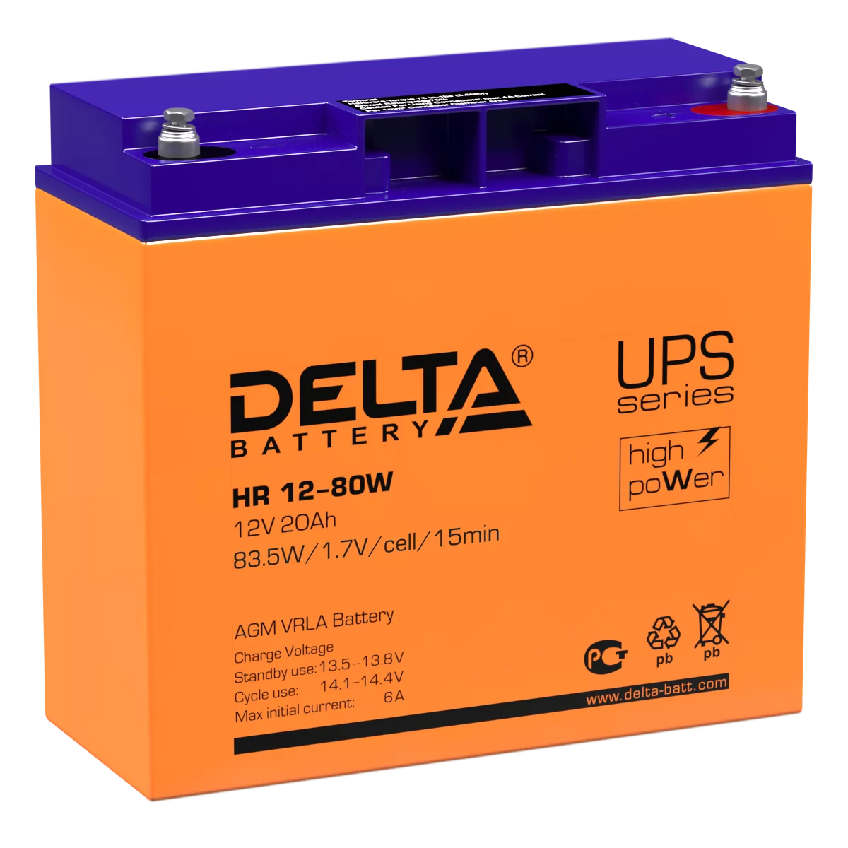 Батарея DELTA серия HR-W, HR 12-80 W, напряжение 12В, емкость 20Ач (разряд 20 часов), макс. ток разряда (5 сек.) 300А, макс. ток заряда 6А, свинцово-кислотная типа AGM, клеммы под болт М5, ДxШxВ 181х77х167мм., вес 6.5кг., срок службы 8 лет./ Battery DELT