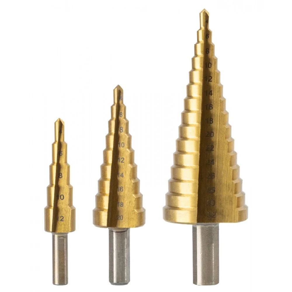 Набор сверл ступенчатых по металлу (3 шт) Deli DH-JTZ0003-ED1 (4-12мм, 4-20мм, 4-32мм, HSS 4241, цилиндрический хвостовик, прямая канавка)