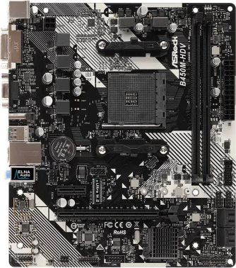 Материнская плата ASROCK B450M-HDV R4.0, AM4, B450, 2*DDR4, 4*SATA, 1*M.2, 4*USB 3.1, 2*USB 2.0, 3*PCIx16, 1*PCIx1, D-Sub+HDMI+DVI-D, mATX