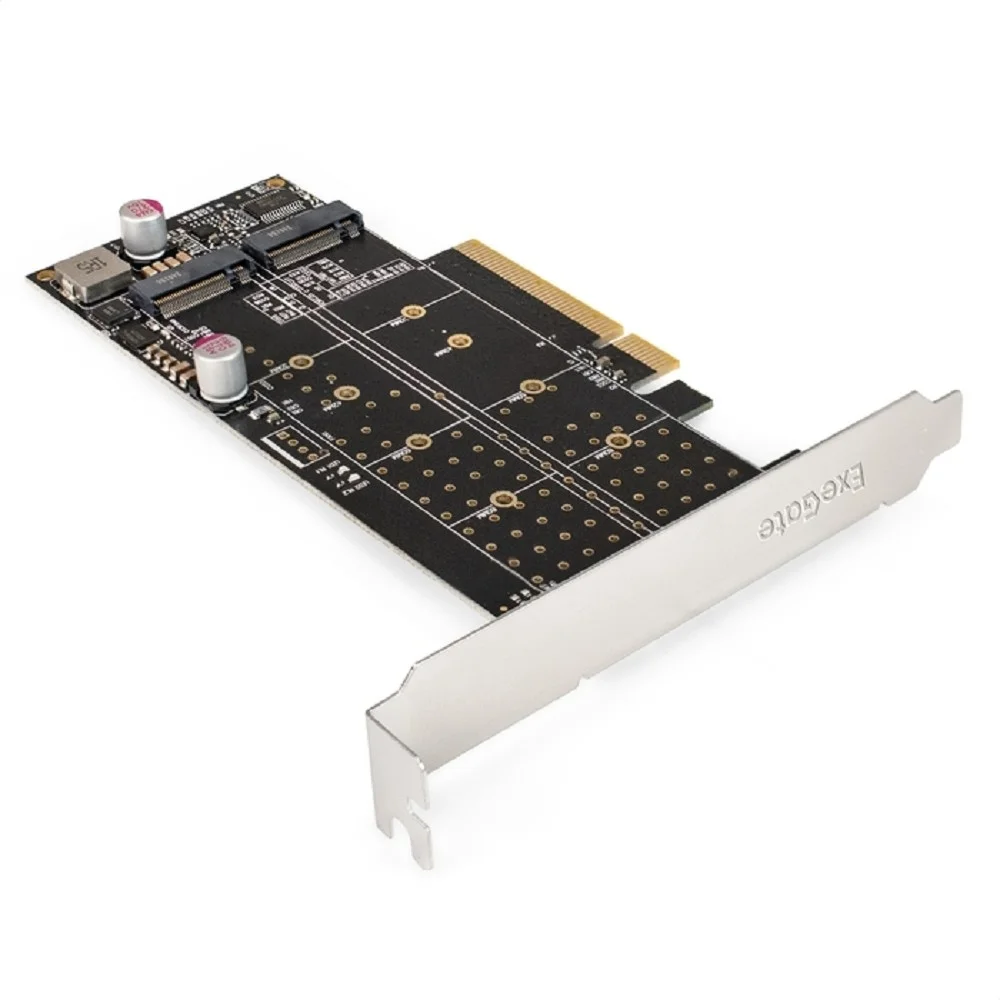 Exegate EX298298RUS Переходник ExeGate EXE-597E2 (2 x M.2 M key -] PCI-E x8 v3.0, для установки двух SSD M.2 2230/2242/2260/2280/22110 M key NGFF в слот PCI-E, материнская плата должна быть c функцией