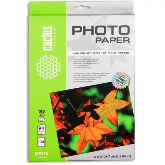 Фотобумага Cactus CS-MA4190100 A4/190г/м2/100л./белый матовое для струйной печати