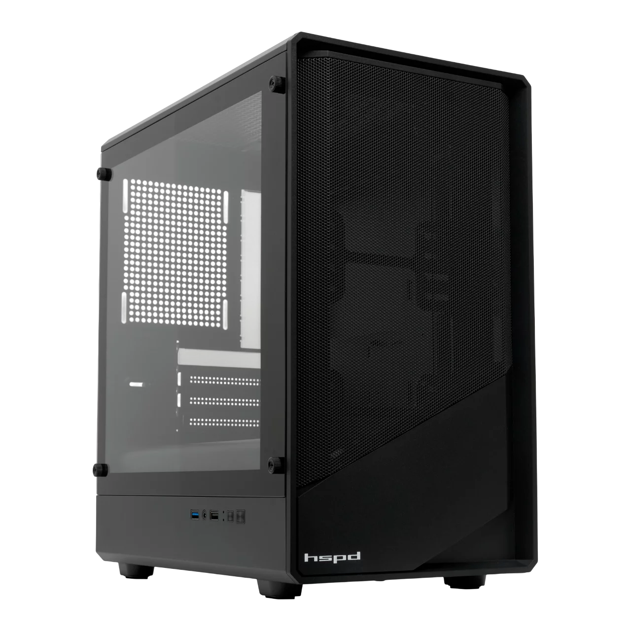 Корпус без блока питания/ Case HSPD M331, Mesh Mini-tower, Black, TG, 0.4 SPCC, no fans mATX, mITX 175/329/170mm 1x2.5", 2x3.5", 4xPCI 1xUSB-A 3.0, 1xUSB-A 1.0 370x220x408mm (M331-TGBK)