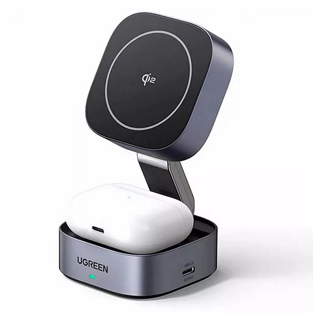 Зарядное устройство магнитное беспроводное 2-в-1 UGREEN W702 (35316) 2-in-1 Magnetic Wireless Charge for Iphone&AirPods 15W Qi2. Цвет: серый космос (35316_)