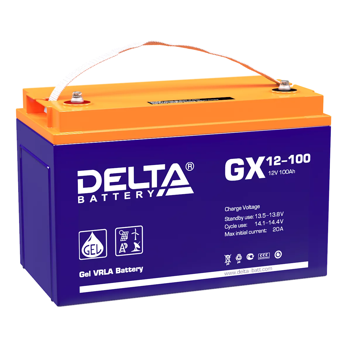 Батарея DELTA серия GX, GX 12-100, напряжение 12В, емкость 100Ач (разряд 10 часов), макс. ток разряда (5 сек.) 900А, макс. ток заряда 20А, свинцово-кислотная типа GEL, клеммы под болт М6, ДxШxВ 330х171х215мм., вес 32кг., срок службы 15 лет./ Battery DELT