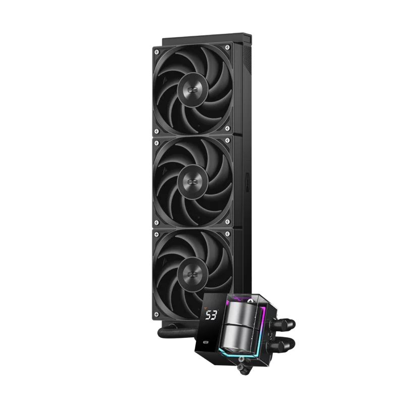 Система охлаждения/ PCCooler DS360 BK (310W, 360mm, LED temp., Black, ARGB Pump/ Fans: 3x120mm, 86.73CFM, 28dBA, 2200RPM/ Pump height 67mm, 28dBA, 3200RPM, Rad thickness 27mm/ S: 1851, 1700, 1200, 20XX, 115X, AM5, AM4)