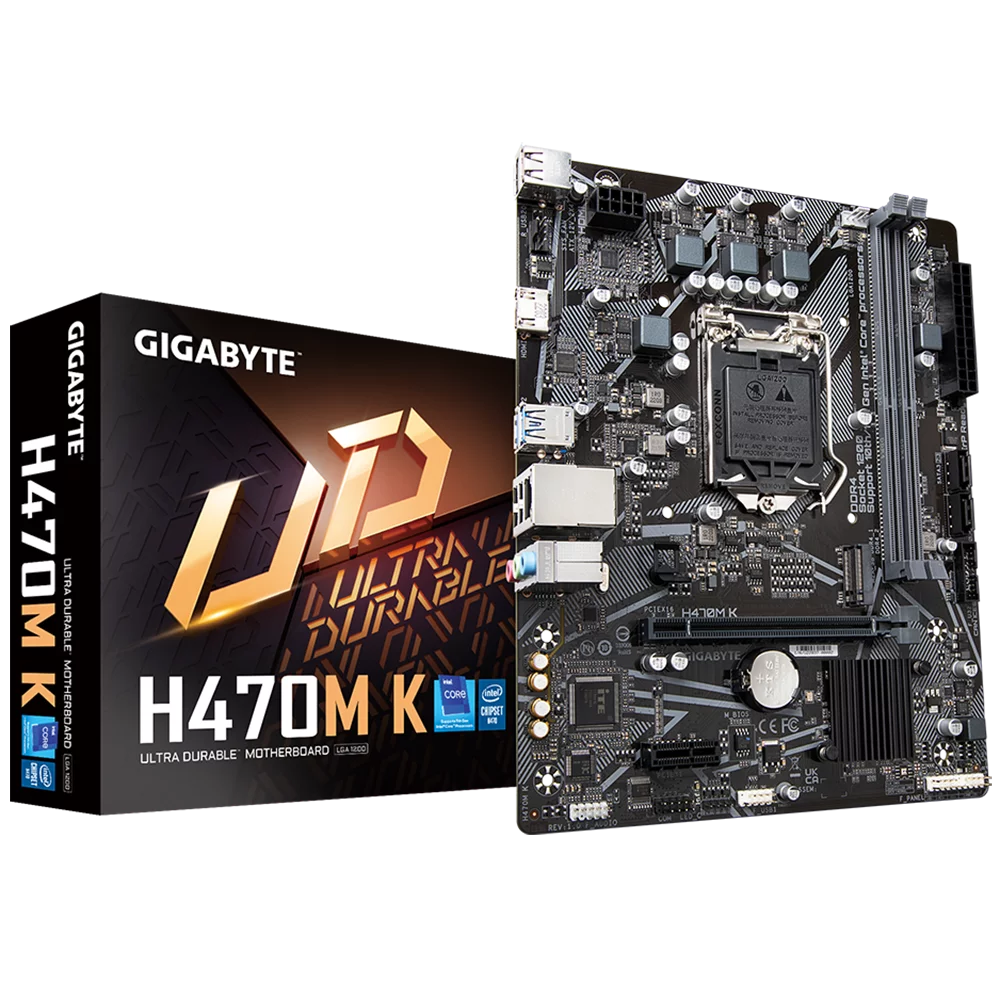 Материнская плата Gigabyte OEM H470M K, Socket 1200, Intel®H470, 2xDDR4-2333, HDMI, 1xPCI-Ex16, 1xPCI-Ex1, 2xSATA3, 1xM.2, 8 Ch Audio, GLan, (4+2)xUSB2.0, (2+2)xUSB3.2, mATX, RTL {} oem (H470M K||OEM)