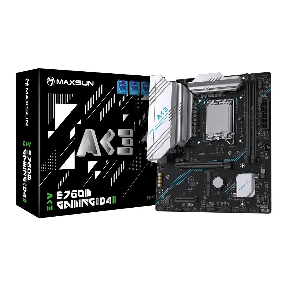 MAXSUN MS-B760M GAMING WIFI ACE D4 II (Socket 1700, mATX, 2*DDR4(64b), DP/HDMI, 3*SATA3, 2*M.2, 1xPCI-E x16 /1xPCI-E x1, 2*USB 2.0, 4*USB 3.2 GEN1, LAN 1*1G, Bluetooth, Wi-Fi 802.11ax, RTL)
