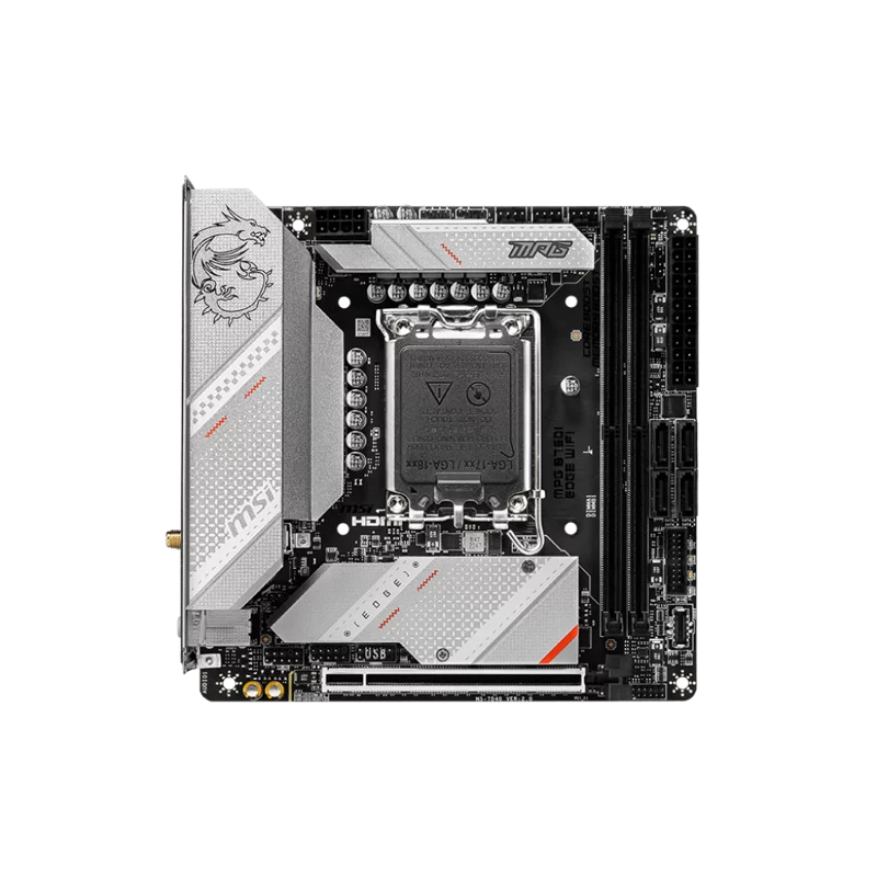 Материнская плата/ MB MSI INTEL B760 s1700, 2xDDR5(128GB), HDMI 2.1/DP, 1xPCIe 5.0x16, 1xLAN (2.5GbE), Wi-Fi, BT, 4xSATA 6Gb/s, 2xM.2, 1xUSB-C, 5xUSB 3.2, 2xUSB 2.0, mini ITX (MPG B760I EDGE WIFI)