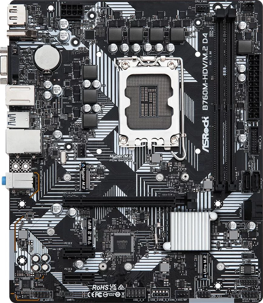 Материнская плата ASROCK B760M-HDV/M.2 D4, LGA1700, B760, 2*DDR4, 4*SATA, 2*M.2, 3*USB 3.2, 2*USB 2.0, Type-C, 1*PCIx16, 2*PCIx1, 1xM.2 (Key E), HDMI+DP, mATX