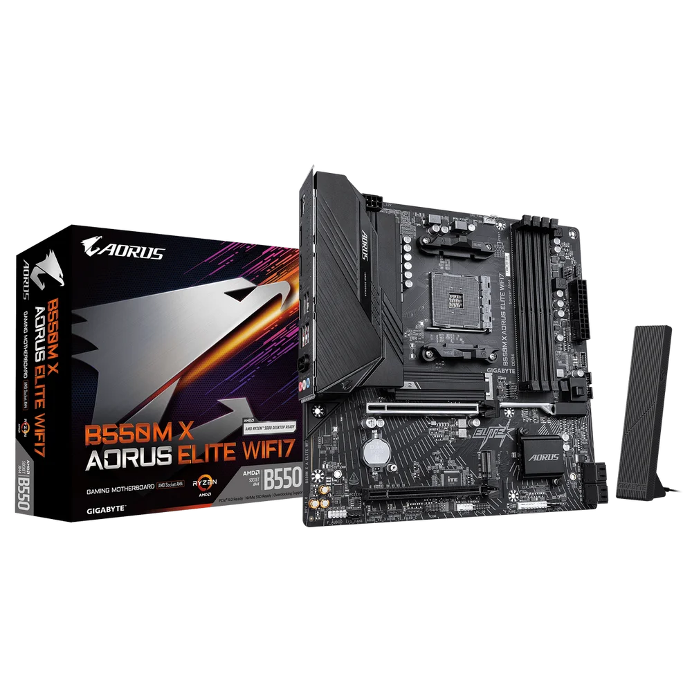 Материнская плата Gigabyte B550M X AORUS ELITE WIFI7 B550, AM4, 4*DDR4, 2*PCIEx16, 2*M.2, 1*TypeC, 4*USB3.2Gen1, 4*USB2.0, 4*SATA3.0, 2.5G, DP, HDMI, ATX, RTL